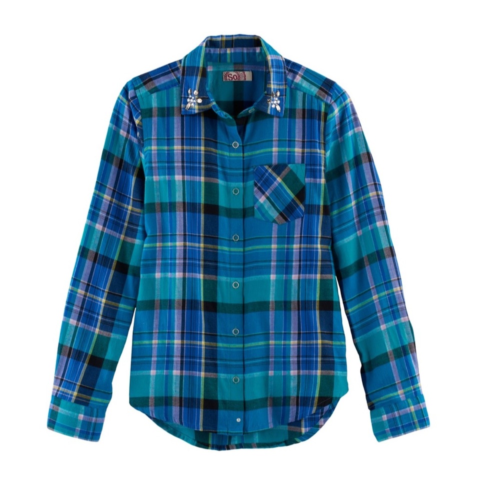Girls SO blue plaid shirt 12, 16